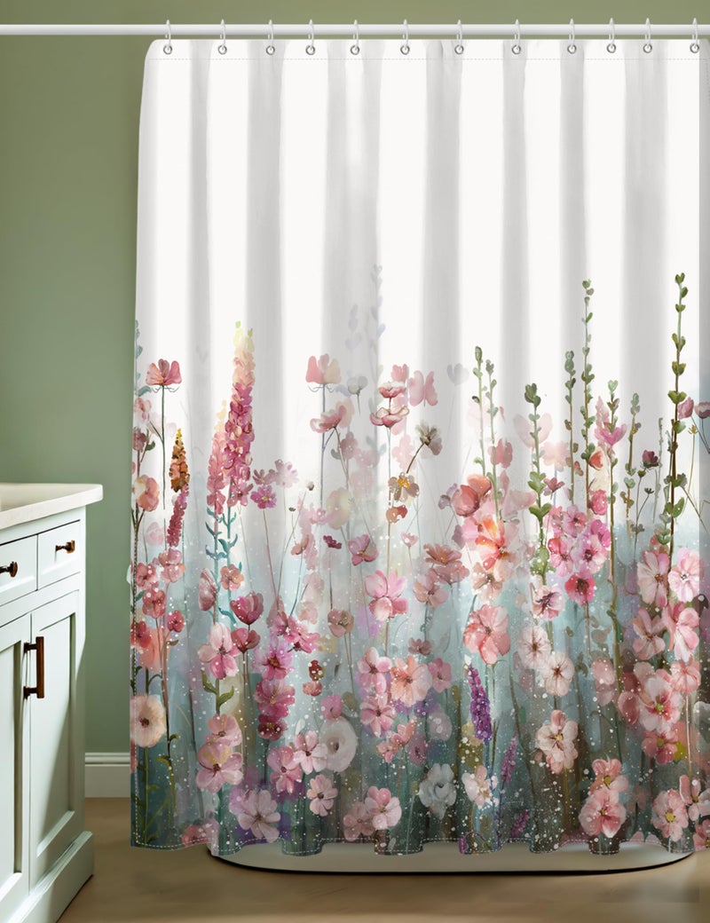 SUMGAR Colorful Flowers Shower Curtain for Bathroom Pink Floral Romantic Wildflower Plants Nature Scenery Decoration Curtain Set with Hooks, 72 x 72 inch - Image 3